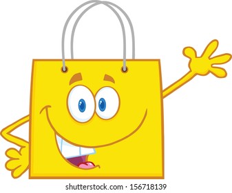 Smiling Yellow Shopping Bag Cartoon Mascot Character Waving For Greeting