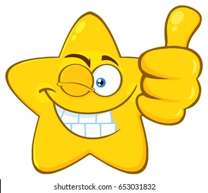 Smiling Yellow Star Cartoon Emoji Face Character With Wink Expression Giving A Thumb Up. Vector Illustration Isolated On White Background
