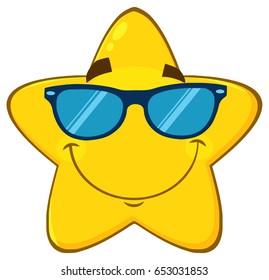 Smiling Yellow Star Cartoon Emoji Face Character With Sunglasses. Vector Illustration Isolated On White Background