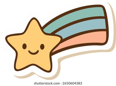 Smiling yellow star with rainbow trail. Magical pastel sticker for dreams, journals, or holiday themes.