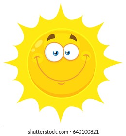 Smiling Yellow Sun Cartoon Emoji Face Character With Happy Expression. Vector Illustration Isolated On White Background