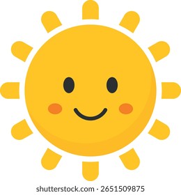 Smiling yellow sun with cartoon face, black oval eyes, red cheeks, and simple rays extending outward, perfect for cheerful children’s designs and playful graphic artwork
