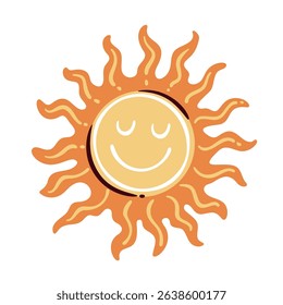 Smiling yellow sun with closed eyes and wavy orange rays. Cheerful cartoon doodle style. Outline vector illustration for kids design, stickers, or summer decor.