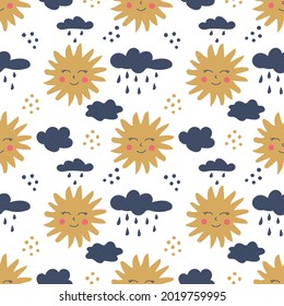 Smiling yellow sun and cloud with raindrops seamless pattern. Funny nursery decor. Great for print for apparel, decoration, typography posters, cards, flyers, banners, baby wears. Vector background.