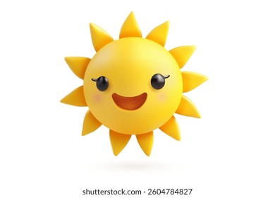 Smiling yellow sun with cute eyes and soft cheeks, radiating warmth and joy in a playful 3D style
