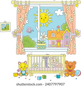 Smiling yellow sun in a nursery window with pretty curtains and a cute newborn baby lying in a small cot among funny colorful toys, vector cartoon illustration isolated on a white background