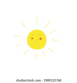 Smiling yellow sun with pink cheeks. In a cartoon style. Great for print for apparel, decoration, typography posters, cards, flyers, banners, baby wears. Kids vector illustration 