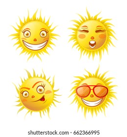 Smiling yellow sun poster of four isolated on white