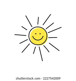 Sol amarillo sonriente con icono dibujado a mano por los rayos. Cara de sketch alegre que da calidez y luz al diseño infantil y a la decoración vectorial