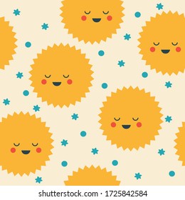 Smiling yellow sun seamless pattern with stars on light background for wallpaper, wrapping and textile.