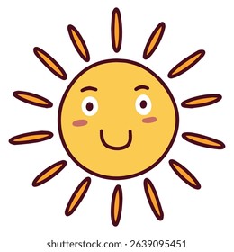 Smiling yellow sun with symmetrical short rays and bright eyes, simple joyful character for positive themes