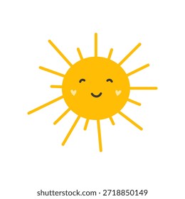 Smiling amarelo sol vetor ilustração com bochechas em forma de coração. Design bonito e mínimo perfeito para decoração infantil, temas de verão, impressões de berçário e ícones do tempo.