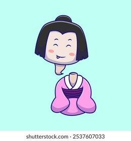 Smiling Yokai Ghost Wearing Traditional Kimono Sitting Cartoon Vector Illustration. Animal Nature Concept. Flat Cartoon Outline. 