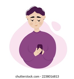 Smiling young adult man illustration checking phone social media messages or news. Flat cartoon vector.