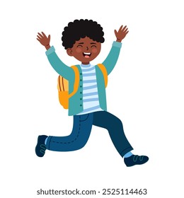 Smiling young African American boy.
A cheerful student happily goes to school. Vector colorful hand drawn illustration isolated on white background.