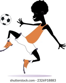 Smiling young African man playing football illustration. 
Cartoon African football player kicks a ball. Isolated on white illustration
