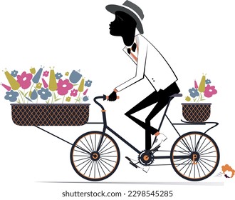 Smiling young African man rides a bike with a bunches of flowers in the baskets isolated on white