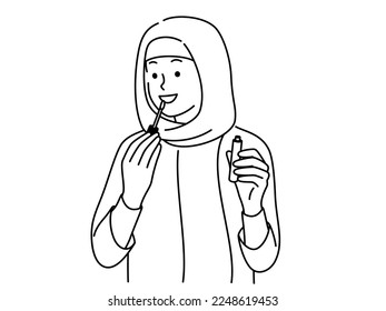 Smiling young Arabic woman in hijab applying lip gloss on lips. Happy Arabian girl do makeup. Beauty and cosmetics. Vector illustration. 