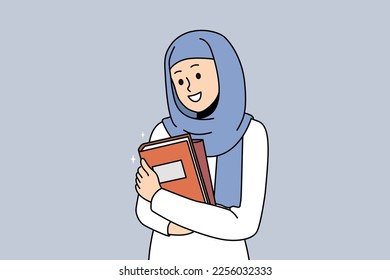 Smiling young Arabic woman in hijab holding books excited about college education. Happy arab girl in headwear posing with textbooks. Vector illustration. 