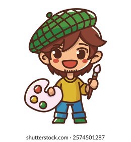 A smiling young artist holding a palette and brush, dressed in a beret. A charming illustration capturing the joy and creativity of painting and artistic exploration