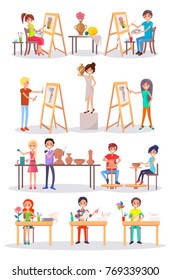 Smiling young artists and their artworks isolated vector illustration on white background. Cartoon style boys and girls doing what they like