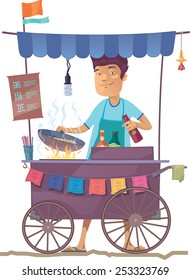 The smiling young asian cook is preparing the tasty vegetarian rice on his outdoor mobile street kitchen. He is looking at camera. The hieroglyphs in the menu are only stylization.