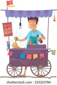 The smiling young asian cook is preparing the tasty pancake on his outdoor mobile street kitchen. He is looking at camera. The hieroglyphs in the menu are only stylization.