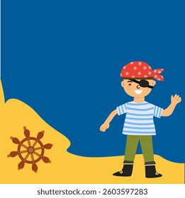 Smiling young asian male pirate cartoon with eye patch and bandana on beach.
