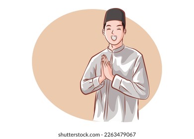 Smiling young Asian Muslim man gesturing Eid Mubarak greeting isolated over white background. Vector cartoon.