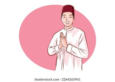 Smiling young Asian Muslim man gesturing Eid Mubarak greeting isolated over white background. Vector cartoon. viva magenta color trend.