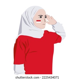 Smiling young asian muslim woman in red white tshirt celebrating indonesian independence day on 17 august with respectful hands vector 