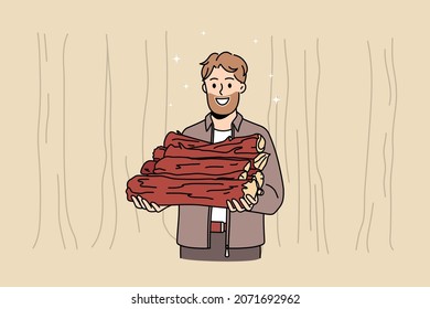 Smiling young bearded lumberman hold wood timbers for fire. Happy lumberjack or woodcutter with wood materials camp outdoors. Hobby, nature, environment. Flat vector illustration. 
