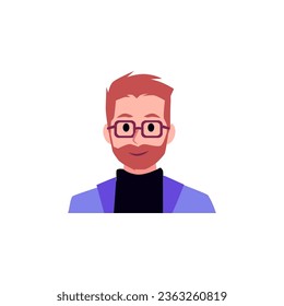 Smiling young bearded man with glasses cartoon avatar. Happy success businessman portrait. Single model, employer or salesman, father or son adult. Vector illustration isolated on white background