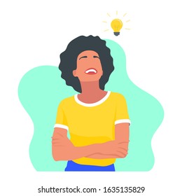 Smiling young black african woman with arms crossed having a good idea concept. Lightbulb symbol. Creativity design. Creative woman. Innovation and invention - Flat vector character illustration.