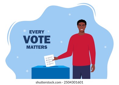 Hombre negro joven sonriente que pone el papel del voto en la caja de la elección para la elección regional o presidencial general. Ilustración vectorial