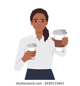 Smiling young black woman with coffee cups in cup offer drink to friend. Happy girl stretch hand with takeaway warm drink to camera. Flat vector illustration isolated on white background