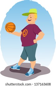 Smiling young blond man in summer casual clothes standing and holding a basketball, vector illustration