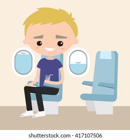 Smiling young blonde adult sitting in the plane / Editable flat vector illustration