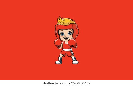 Smiling young boxer in red gear ready to fight.