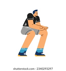 Joven sonriente agachado y listo para golpear el estilo de bola plana, ilustración vectorial aislada en fondo blanco. Elemento de diseño decorativo, pose de espera, personaje de jugador de voleibol