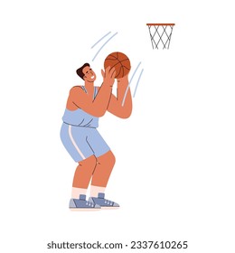 Joven sonriente agarrándose para lanzar una pelota al estilo de una canasta plana, ilustración vectorial aislada en fondo blanco. Baloncesto con uniforme azul, elemento de diseño decorativo, deporte y pasatiempo