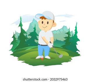 Un joven jugador de golf sonriente con un club. Paisaje de montaña y bosque en el fondo. Caricatura. Deporte y fitness. Dibujo vectorial de dibujos animados coloridos, aislado en blanco.