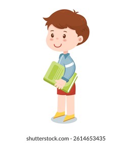 A smiling young boy is holding a green book, seemingly ready for learning in a classroom setting. Vector illustration isolated on a white background.