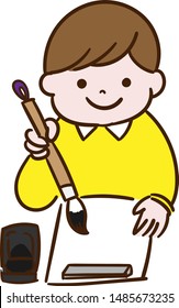 Smiling young boy learning penmanship