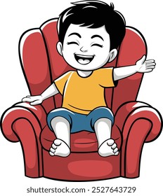 Muchacho joven sonriente que se sienta en la silla roja
