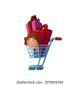 Smiling young boy sitting in shopping cart or trolley filled with wrapped gift boxes on white background