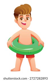 Lächelnder kleiner Junge, der mit einem grünen aufblasbaren Schwimmring um seine Taille steht. Vektorgrafik