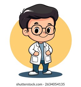 A smiling young boy, wearing glasses and a lab coat, stands confidently. The cartoon style is bright and friendly.
