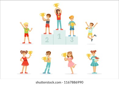 Smiling young boys and girls celebrating their medals and winner cups, set for label design. Cartoon detailed colorful Illustrations