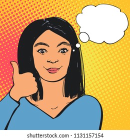 Smiling young brunette woman making thumbs up sign. Vector illustration with blank space for text.